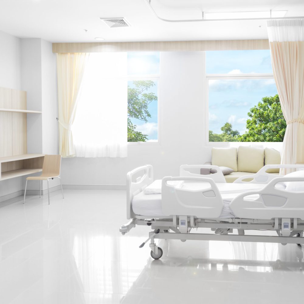 Hospital room with beds and comfortable medical equipped with natural background